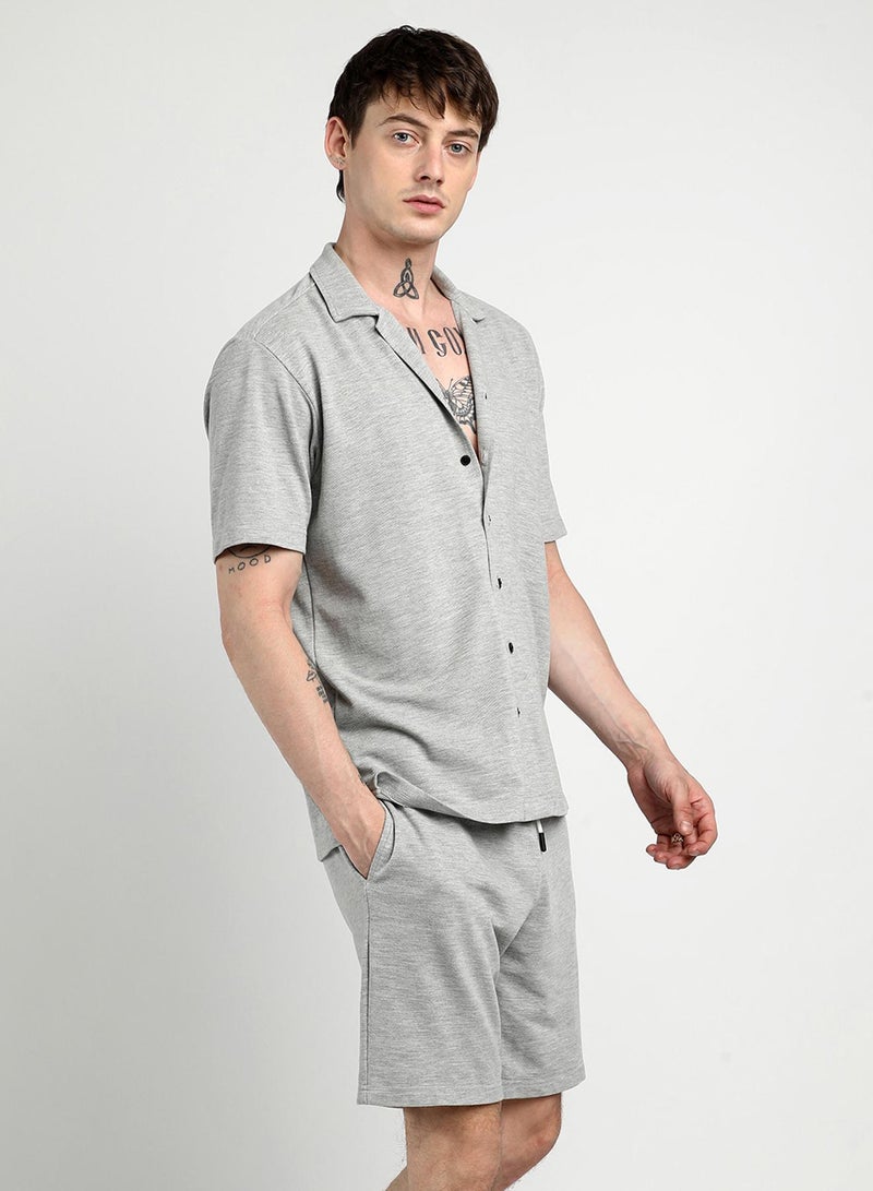 Campus Sutra Men's Light Grey Heathered Knitted Co-Ord Set For Casual Wear | Cuban Collar | Short Sleeve | Button Closure | Co-Ords Crafted With Comfort Fit For Everyday Wear - Image 3